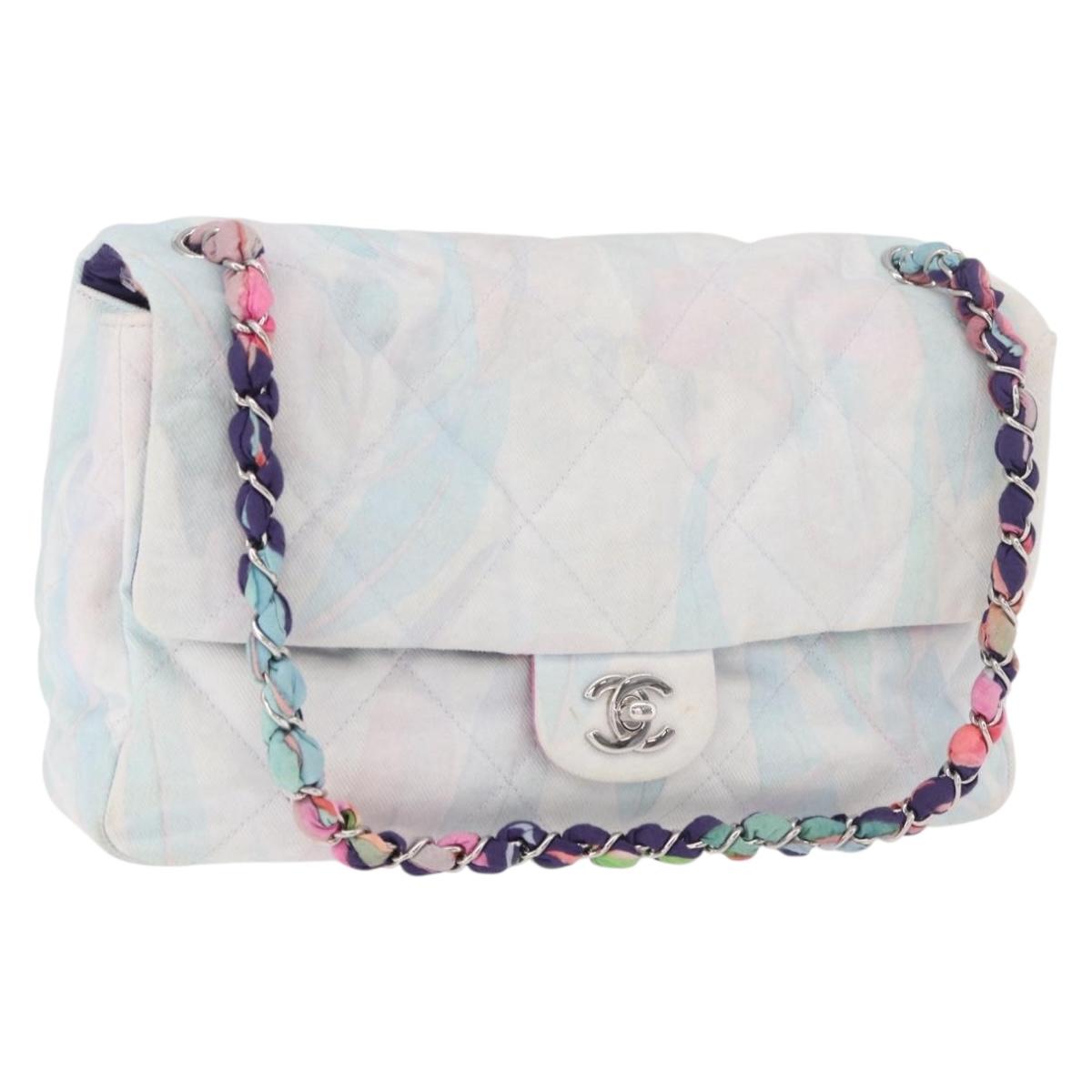 CHANEL Big Matelasse 30 Chain Bag Canvas Light Blue Silver CC Auth 189235SAV