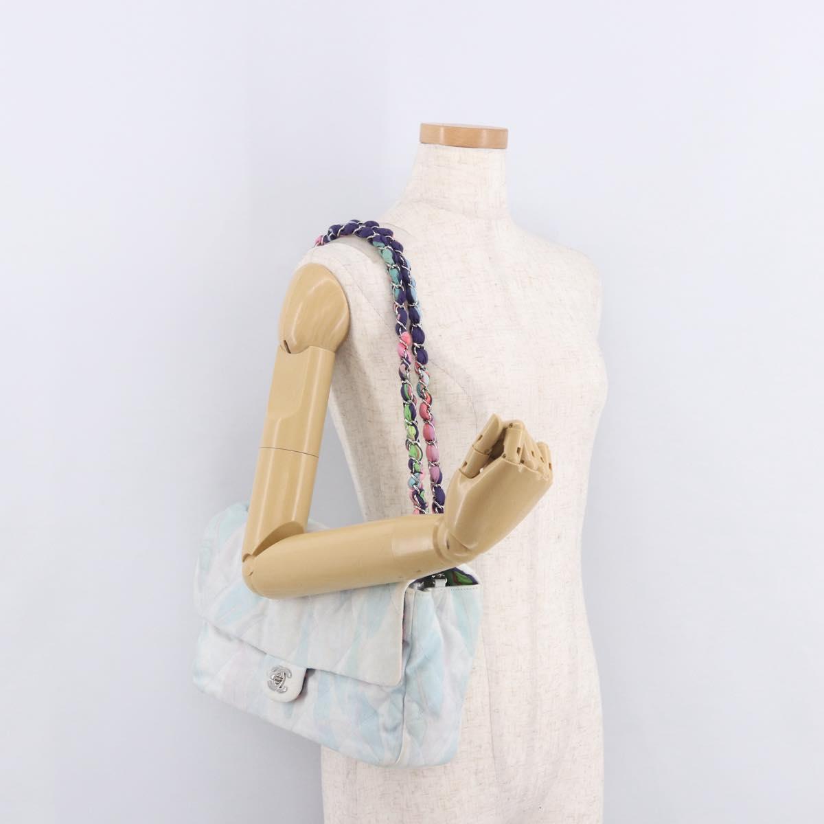 CHANEL Big Matelasse 30 Chain Bag Canvas Light Blue Silver CC Auth 189235SAV