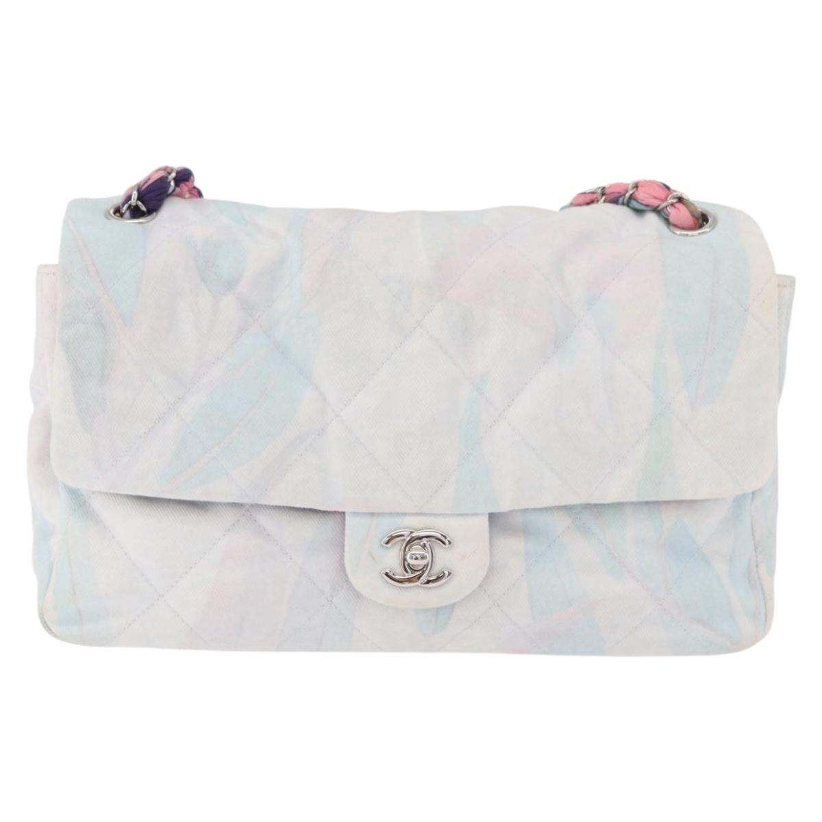 CHANEL Big Matelasse 30 Chain Bag Canvas Light Blue Silver CC Auth 189235SAV