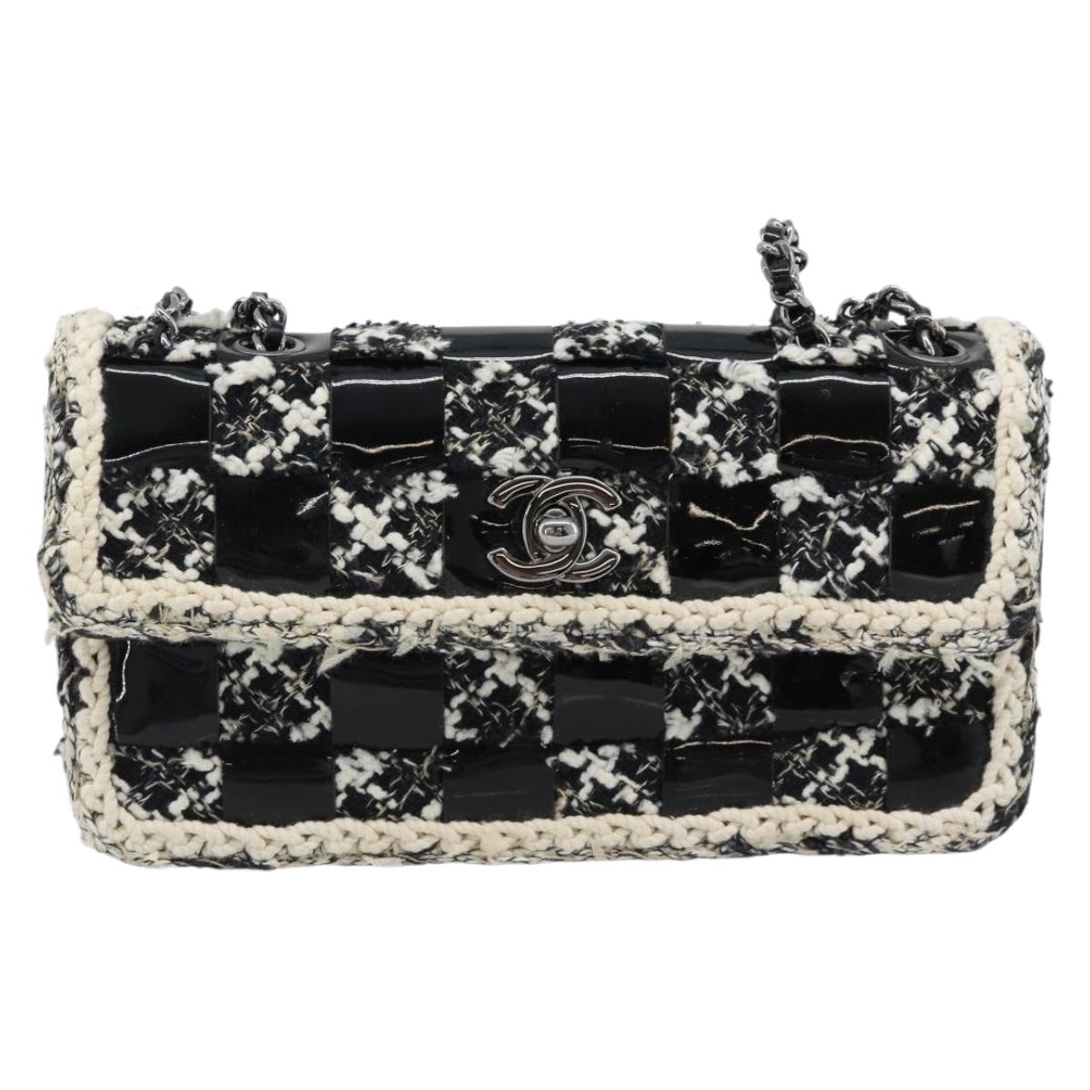 CHANEL Choco Bar Chain Shoulder Bag Tweed Black Silver CC Auth 189240SAM