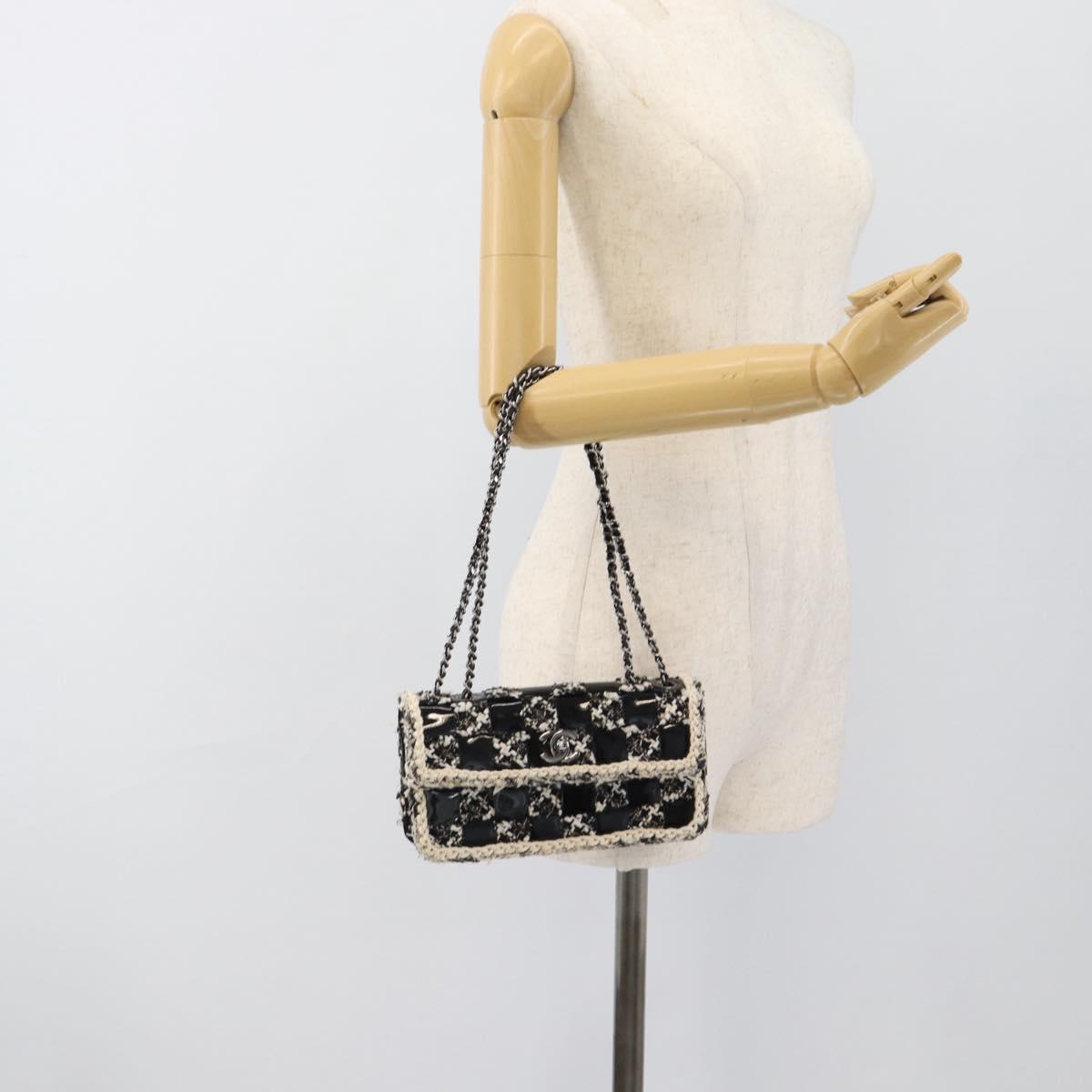 CHANEL Choco Bar Chain Shoulder Bag Tweed Black Silver CC Auth 189240SAM