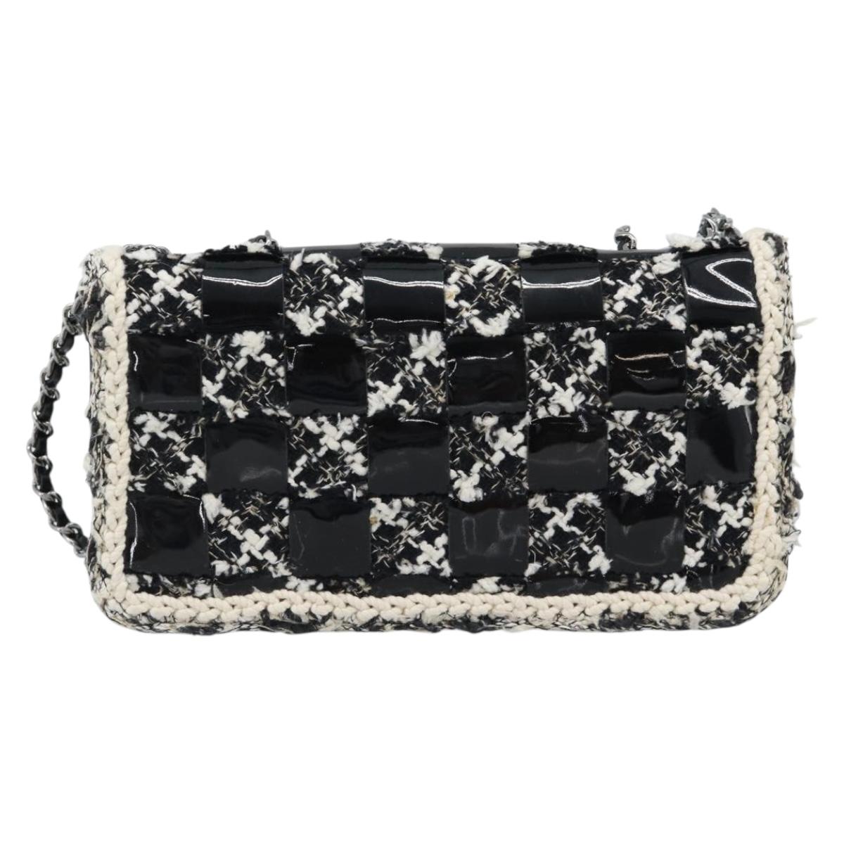 CHANEL Choco Bar Chain Shoulder Bag Tweed Black Silver CC Auth 189240SAM