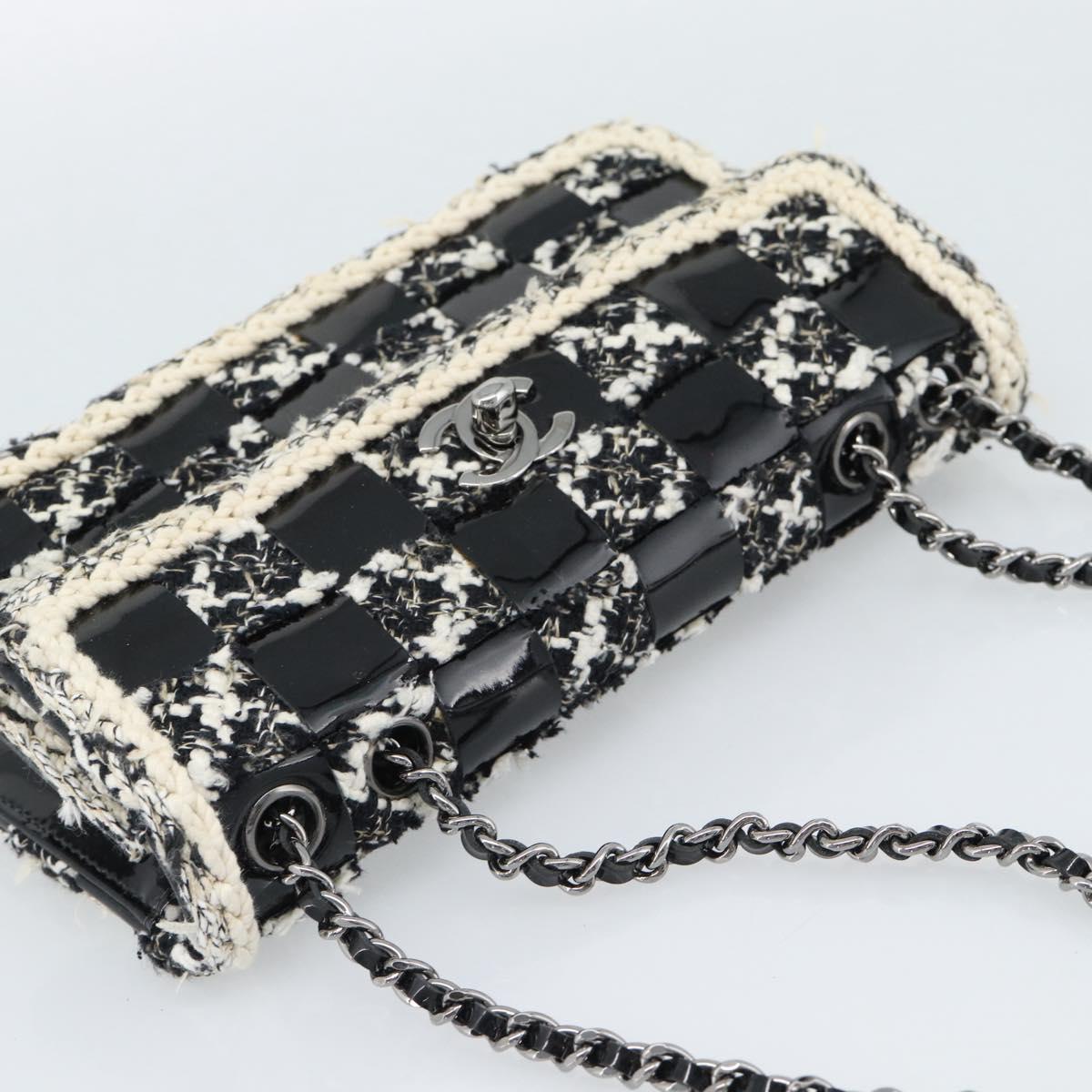 CHANEL Choco Bar Chain Shoulder Bag Tweed Black Silver CC Auth 189240SAM