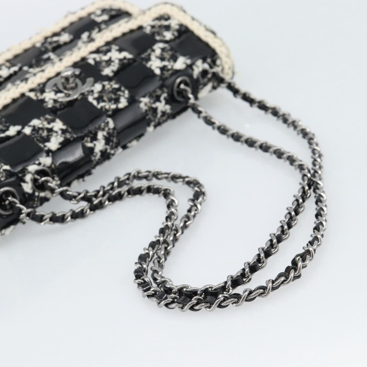 CHANEL Choco Bar Chain Shoulder Bag Tweed Black Silver CC Auth 189240SAM