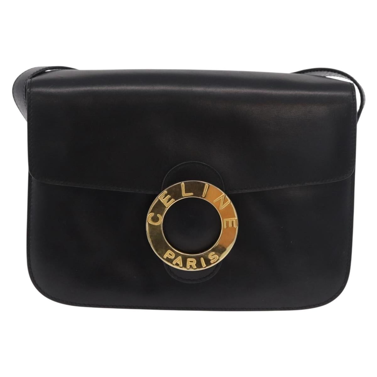 CELINE Circle Shoulder Bag Leather Black Gold Auth 189243A
