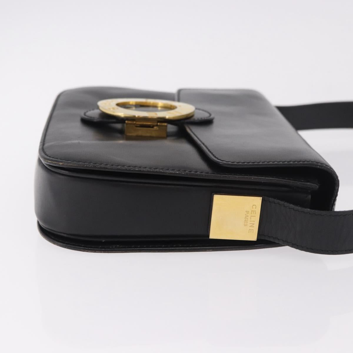 CELINE Circle Shoulder Bag Leather Black Gold Auth 189243A
