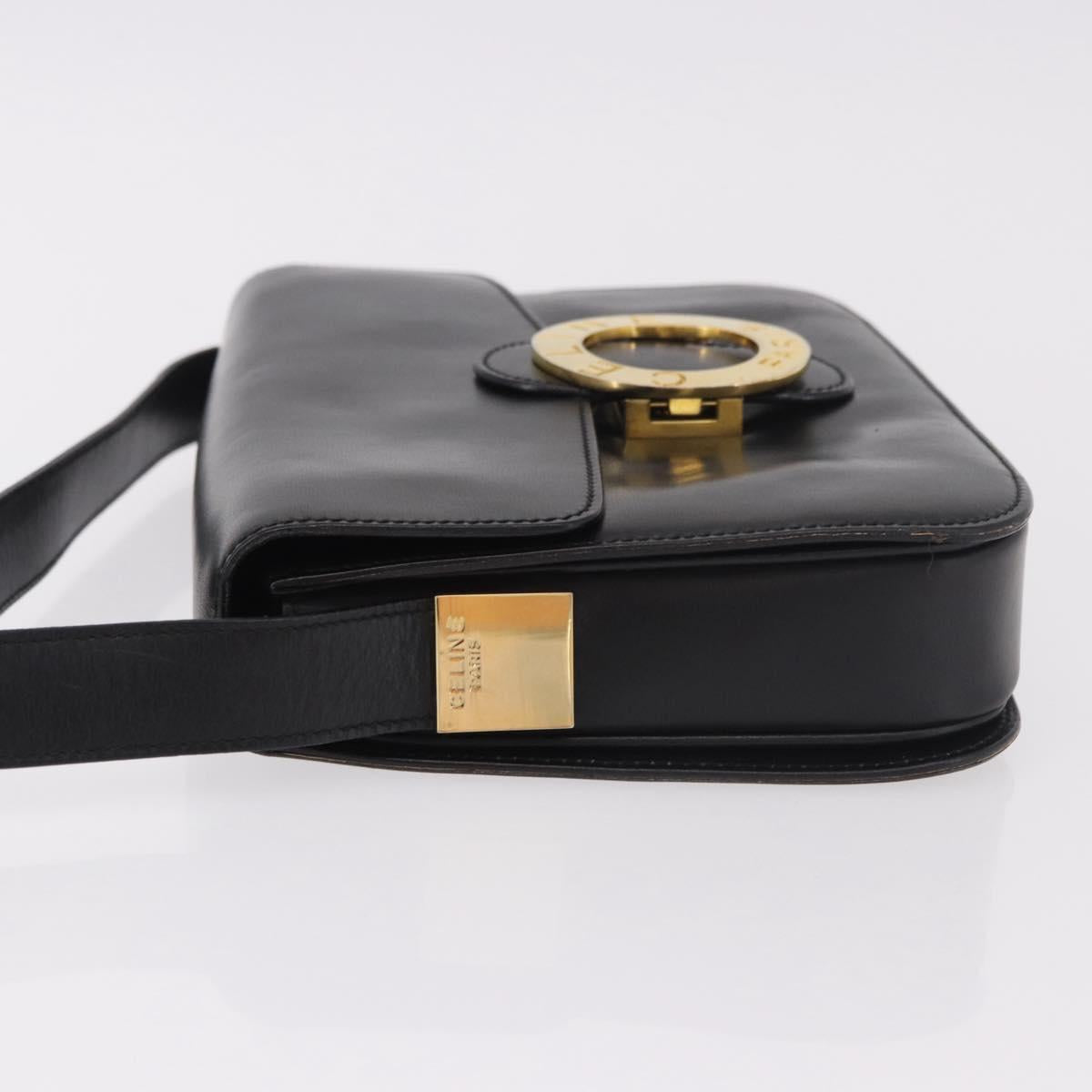 CELINE Circle Shoulder Bag Leather Black Gold Auth 189243A