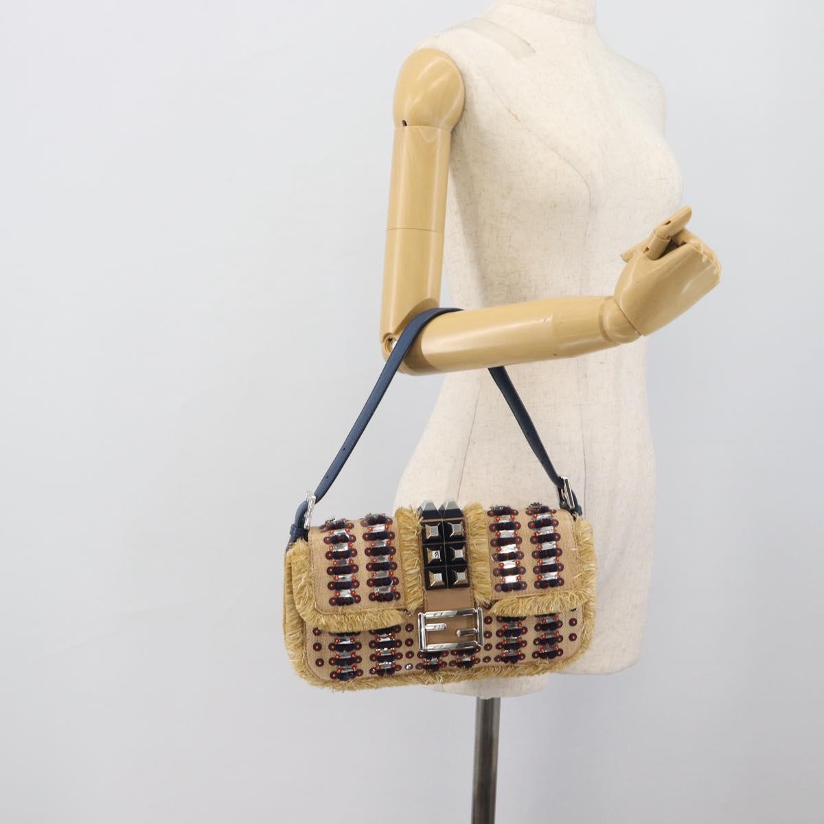 FENDI Mamma Baguette Shoulder Bag Straw Beige Silver Auth 189247SM