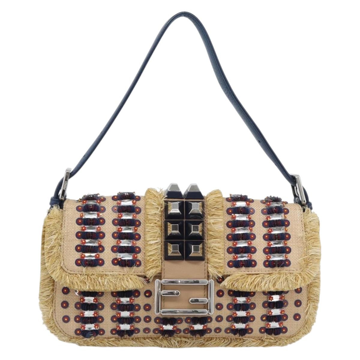 FENDI Mamma Baguette Shoulder Bag Straw Beige Silver Auth 189247SM