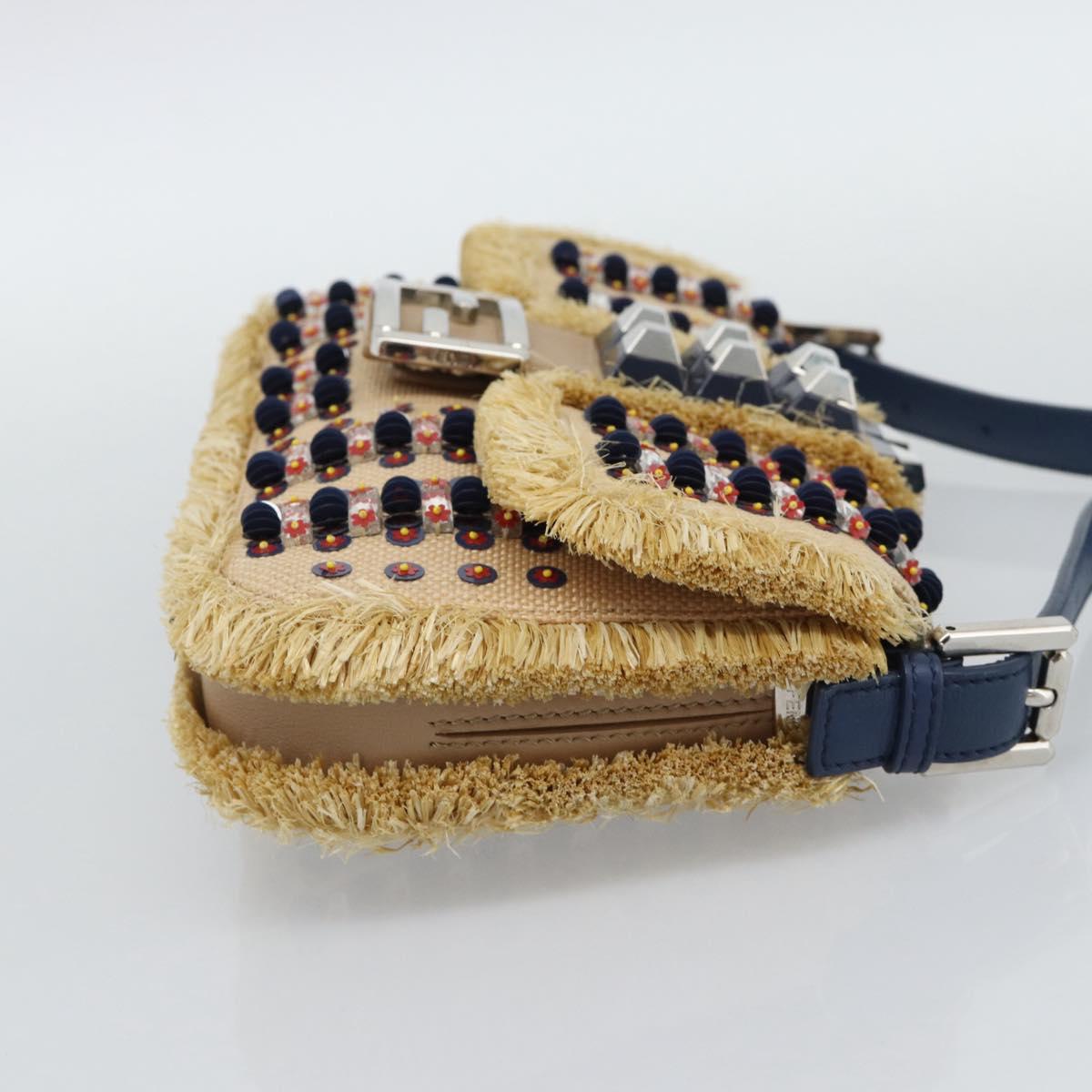 FENDI Mamma Baguette Shoulder Bag Straw Beige Silver Auth 189247SM