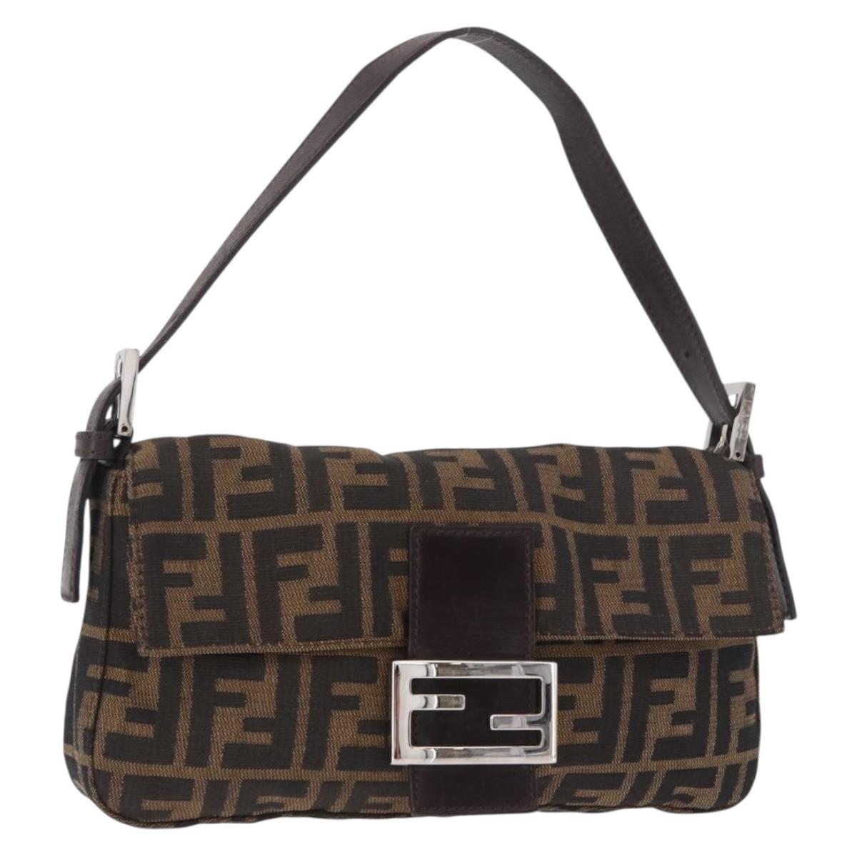 FENDI Zucca Canvas Mamma Baguette Shoulder Bag Black Brown Silver Auth 189252SAM
