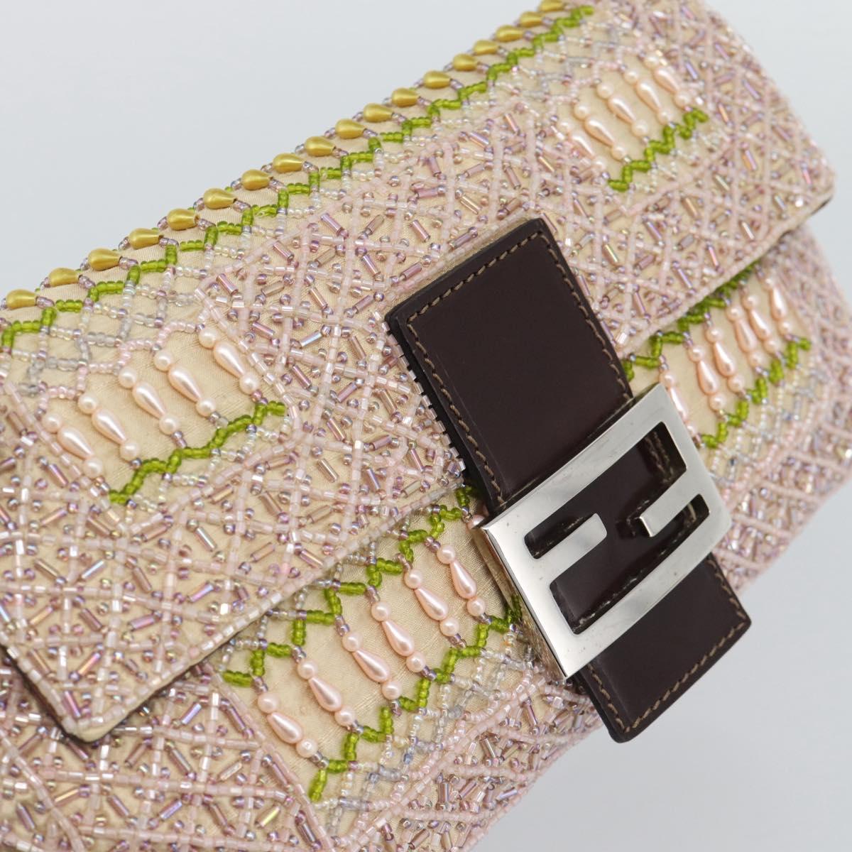 FENDI Mamma Baguette Shoulder Bag Canvas Beads Beige Silver Auth 189253SM