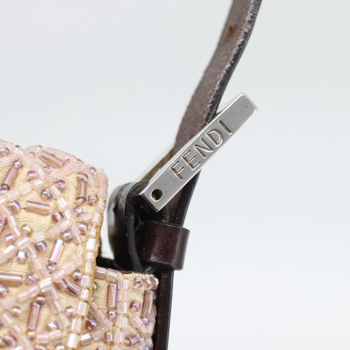 FENDI Mamma Baguette Shoulder Bag Canvas Beads Beige Silver Auth 189253SM