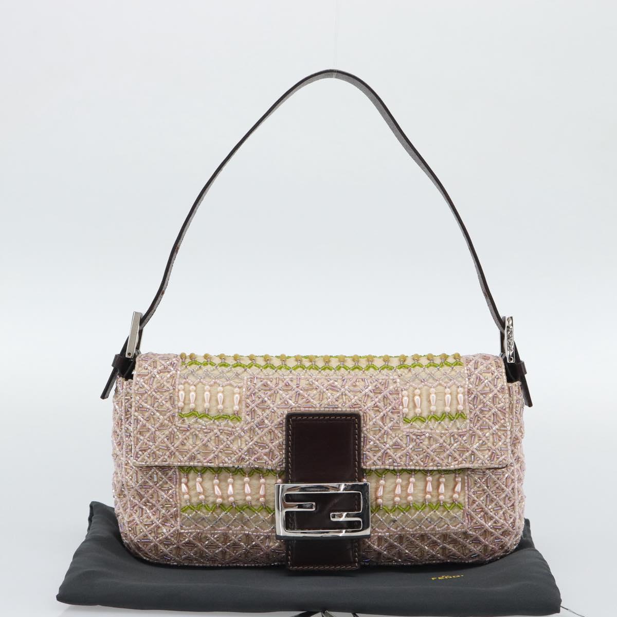 FENDI Mamma Baguette Shoulder Bag Canvas Beads Beige Silver Auth 189253SM
