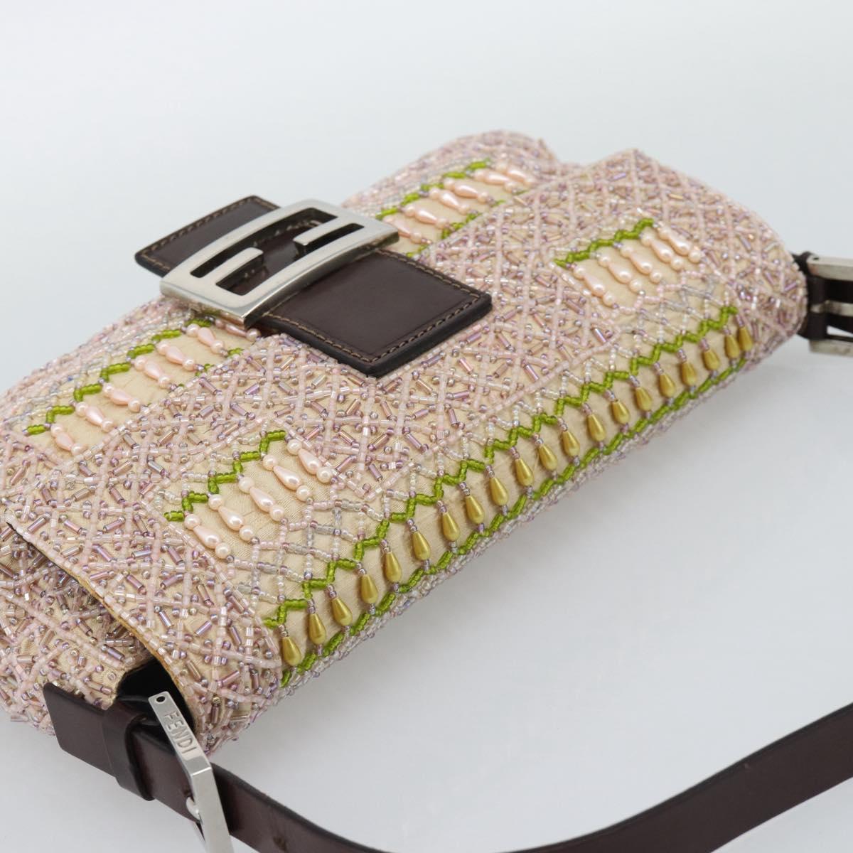 FENDI Mamma Baguette Shoulder Bag Canvas Beads Beige Silver Auth 189253SM