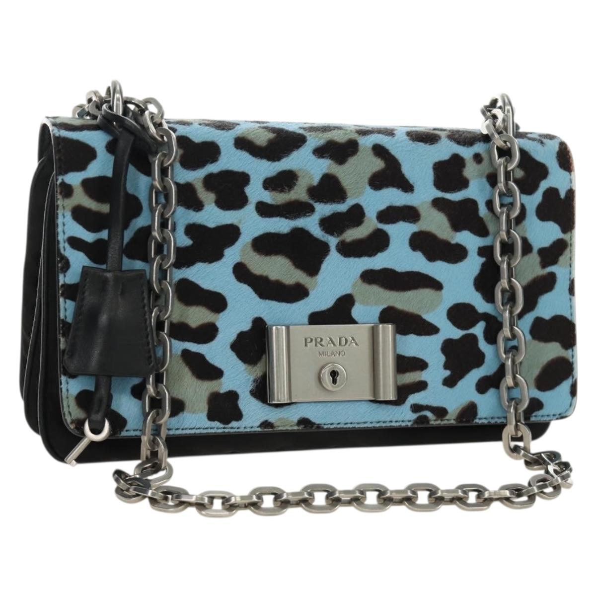 PRADA Chain Shoulder Bag Unborn Calf Skin Light Blue Silver Auth 189257V