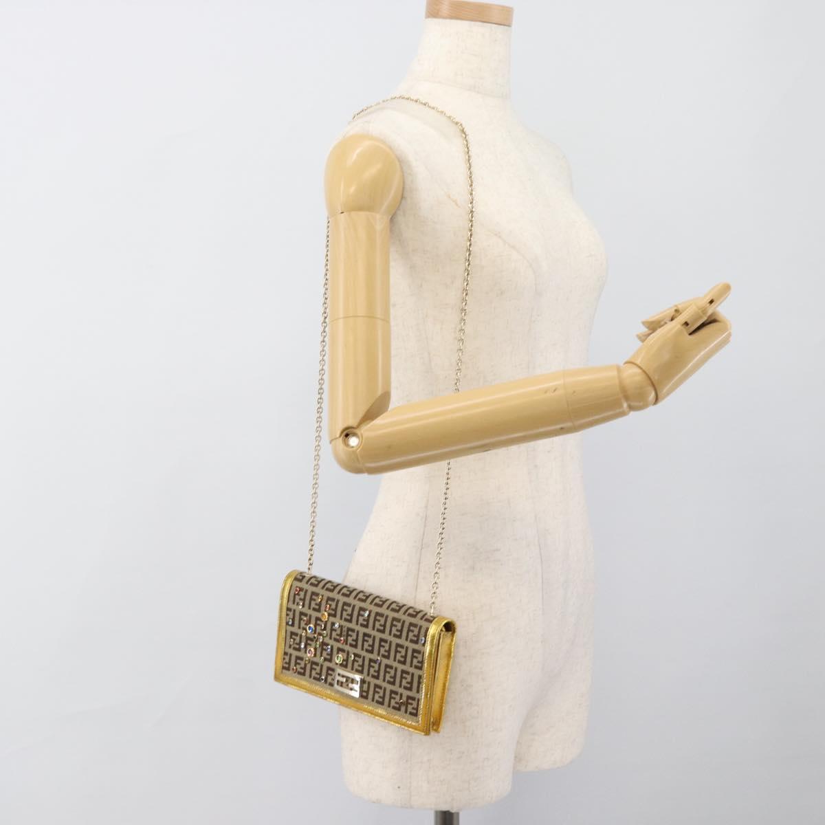 FENDI Zucchino Canvas Chain Wallet Shoulder Bag Beige Gold Auth 189259V