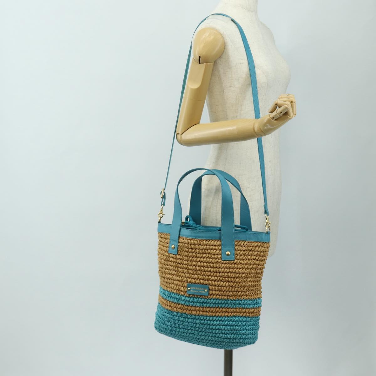 BURBERRY Blue Label Hand Bag Raffia 2way Blue Gold Auth 189264A