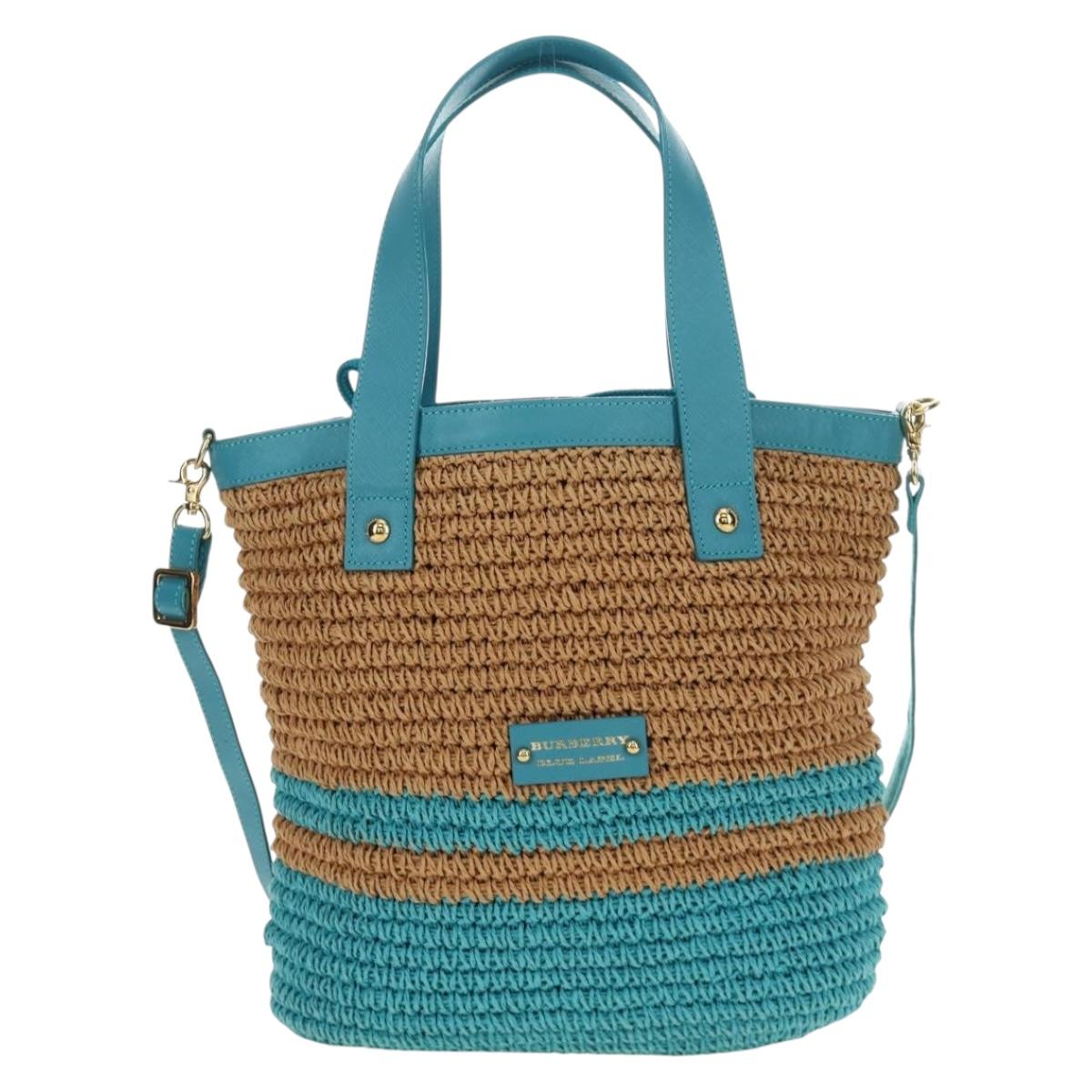 BURBERRY Blue Label Hand Bag Raffia 2way Blue Gold Auth 189264A