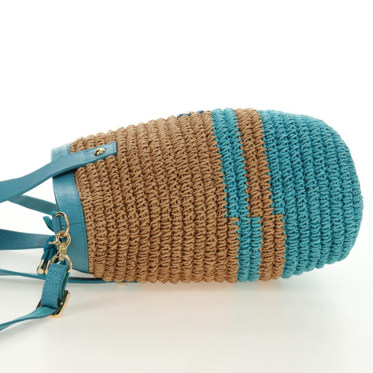 BURBERRY Blue Label Hand Bag Raffia 2way Blue Gold Auth 189264A