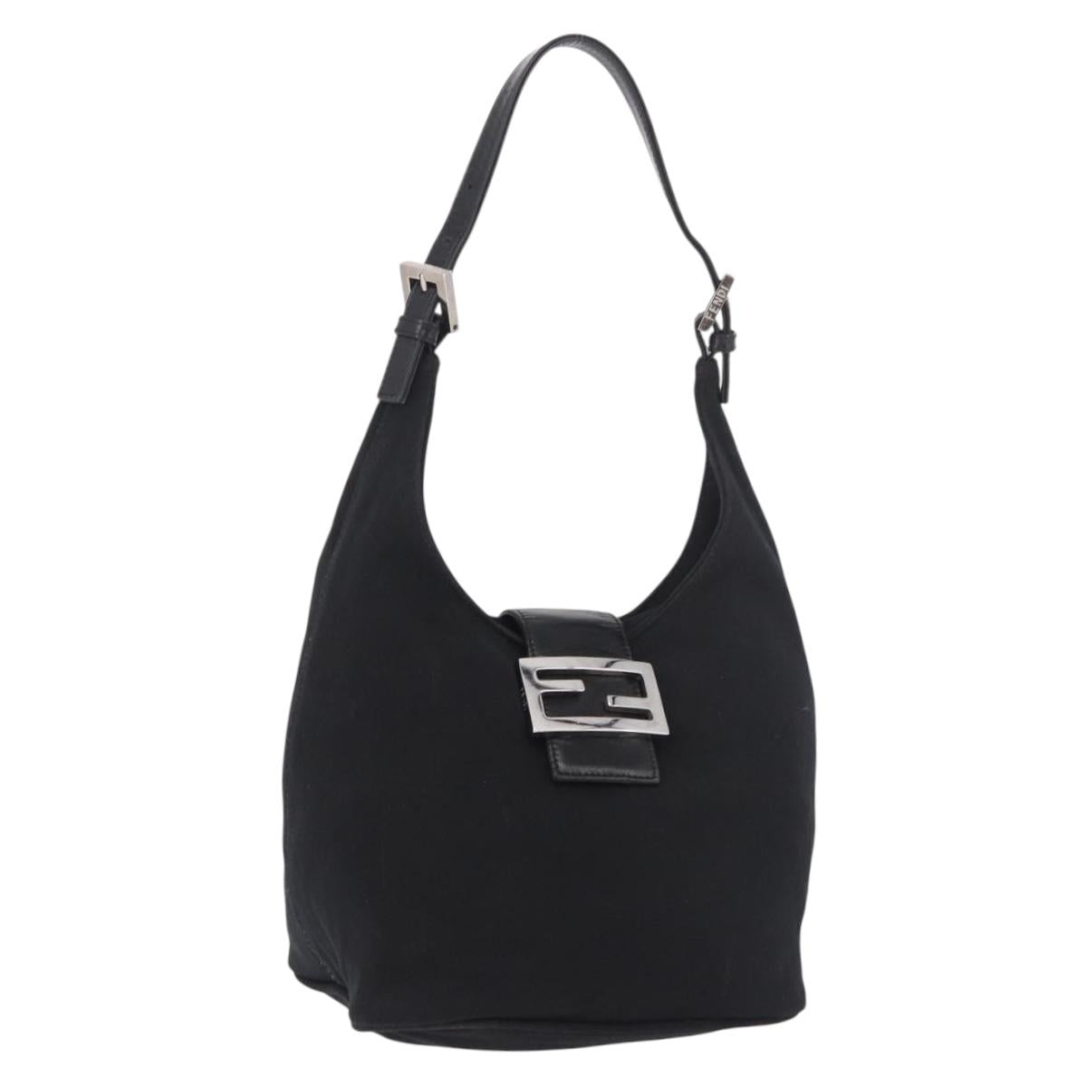 FENDI Mamma Baguette Shoulder Bag Cotton Jersey Black Silver Auth 189265