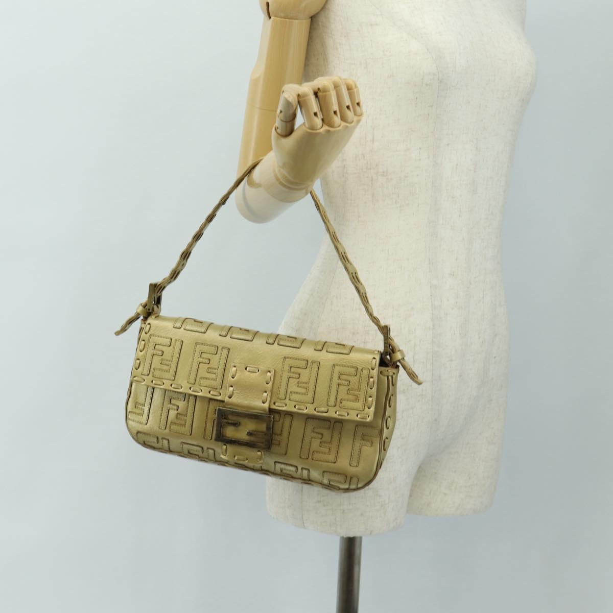 FENDI Zucca Canvas Mamma Baguette Shoulder Bag Leather Gold Auth 189267SAM