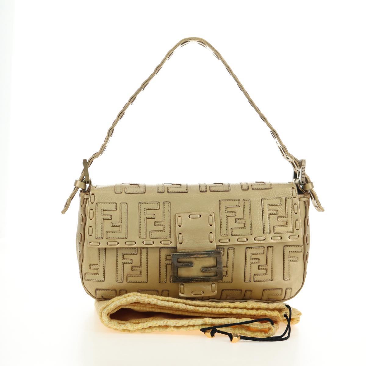 FENDI Zucca Canvas Mamma Baguette Shoulder Bag Leather Gold Auth 189267SAM