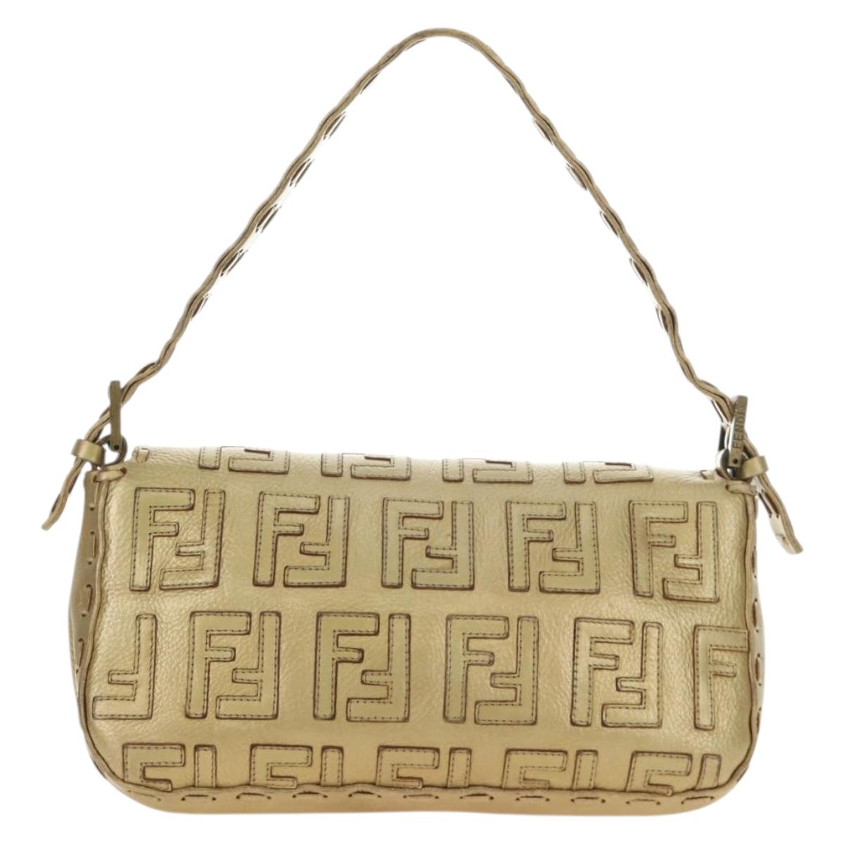 FENDI Zucca Canvas Mamma Baguette Shoulder Bag Leather Gold Auth 189267SAM