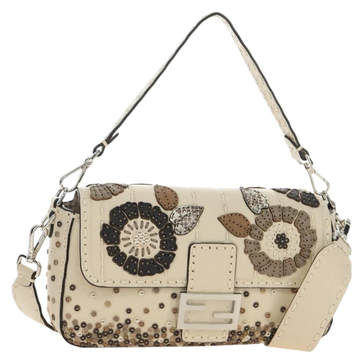 FENDI Celeria Mamma Baguette Shoulder Bag Leather 2way Ivory Auth 189268SAM