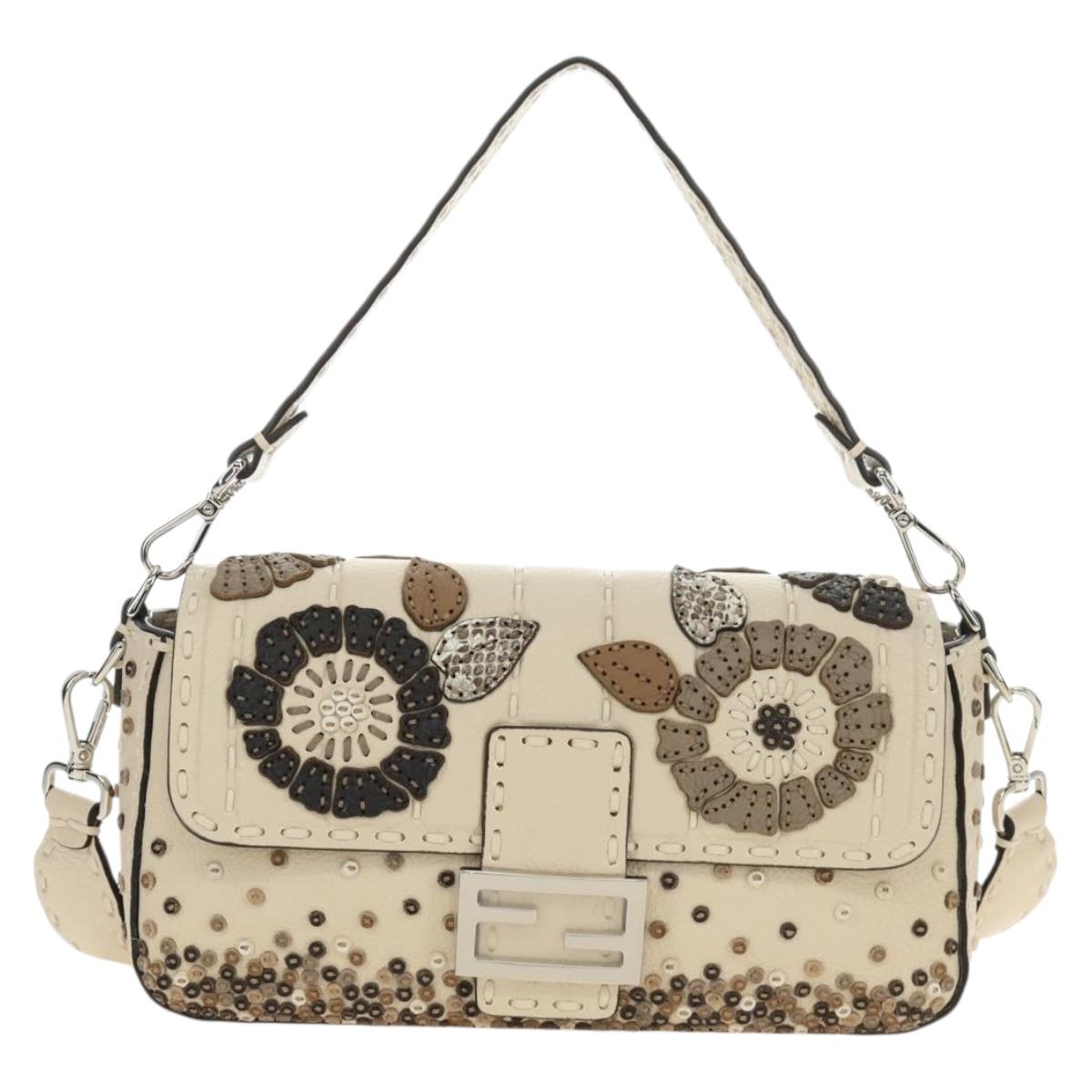 FENDI Celeria Mamma Baguette Shoulder Bag Leather 2way Ivory Auth 189268SAM