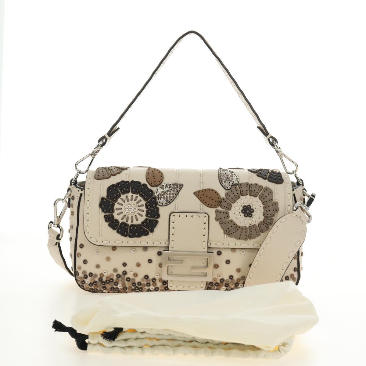 FENDI Celeria Mamma Baguette Shoulder Bag Leather 2way Ivory Auth 189268SAM