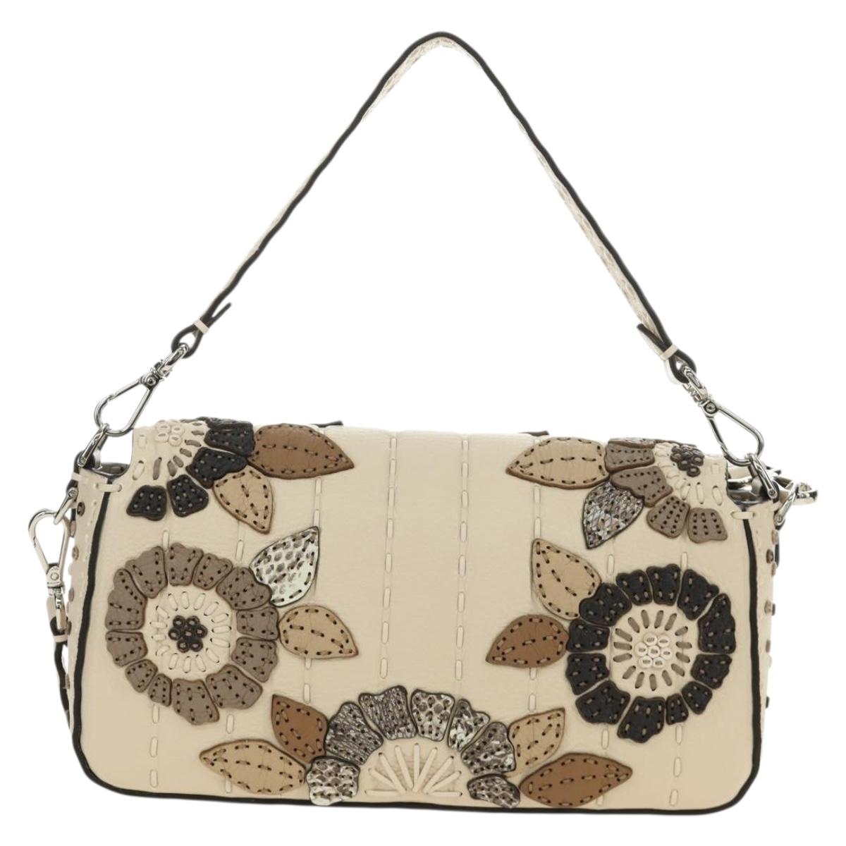 FENDI Celeria Mamma Baguette Shoulder Bag Leather 2way Ivory Auth 189268SAM
