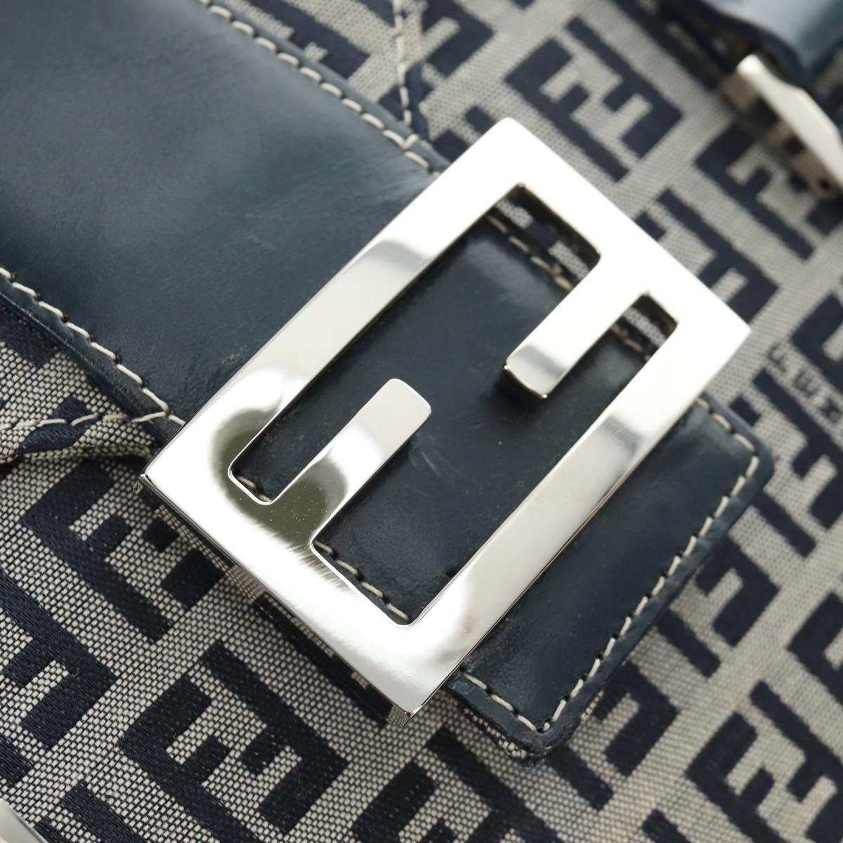 FENDI Zucchino Canvas Mamma Baguette Hand Bag Navy Silver Auth 189269V