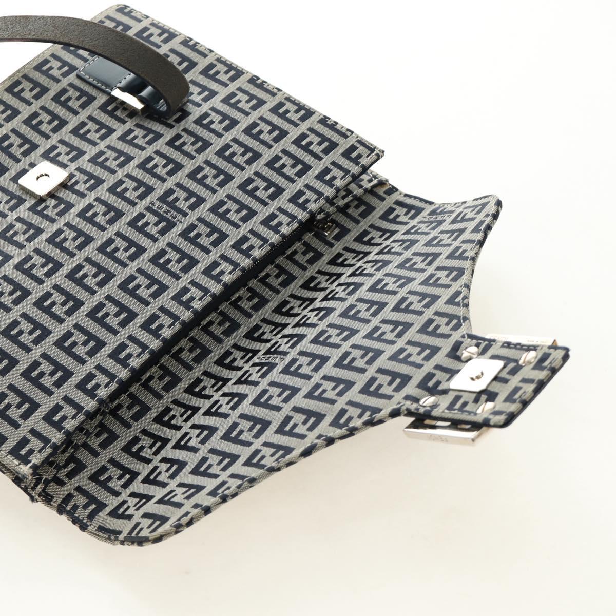 FENDI Zucchino Canvas Mamma Baguette Hand Bag Navy Silver Auth 189269V