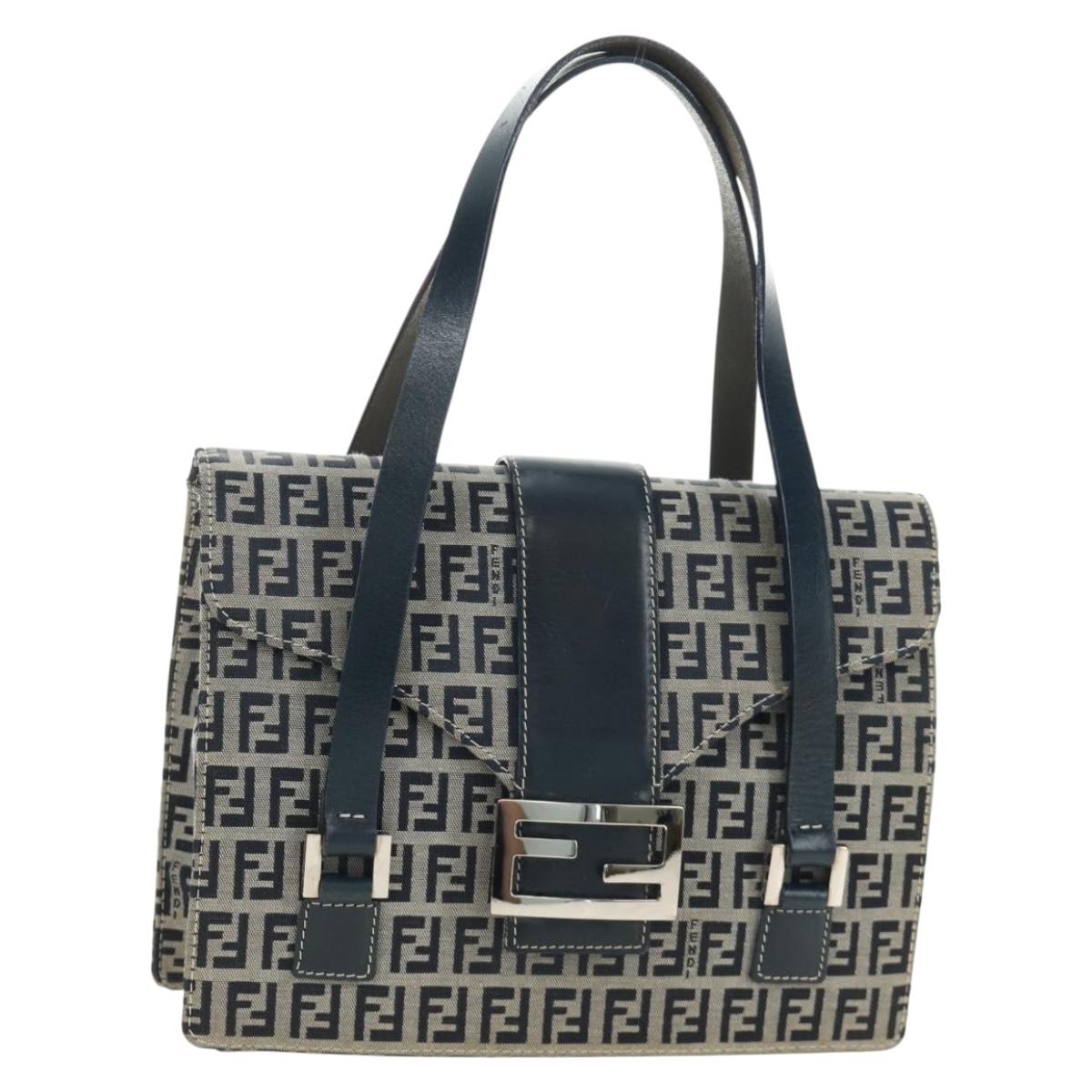 FENDI Zucchino Canvas Mamma Baguette Hand Bag Navy Silver Auth 189269V