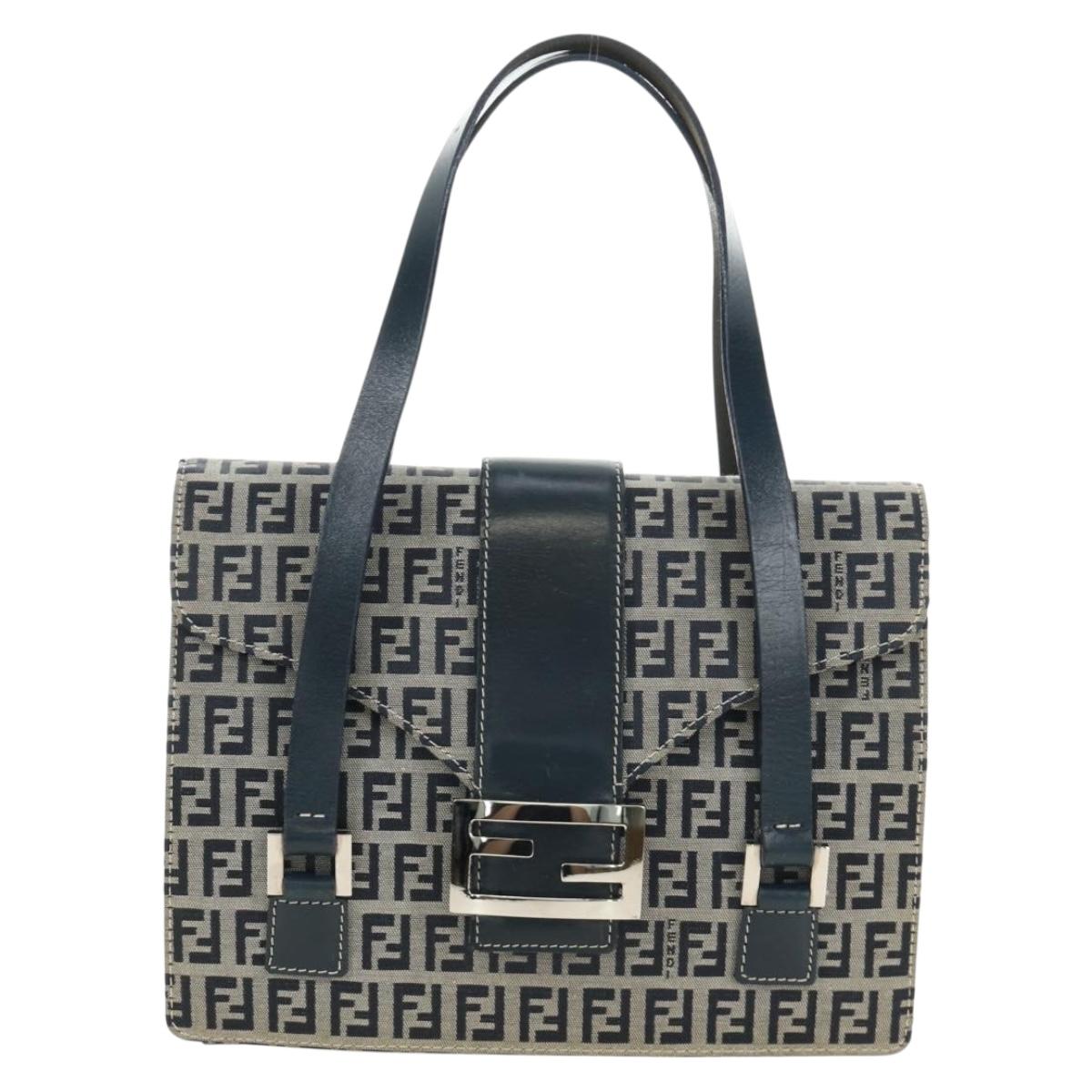 FENDI Zucchino Canvas Mamma Baguette Hand Bag Navy Silver Auth 189269V
