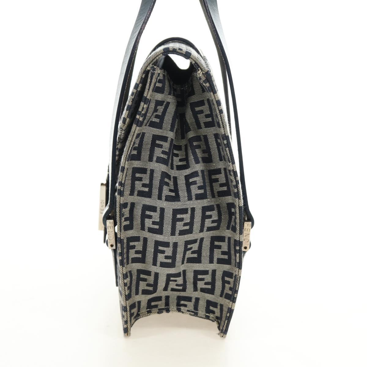 FENDI Zucchino Canvas Mamma Baguette Hand Bag Navy Silver Auth 189269V
