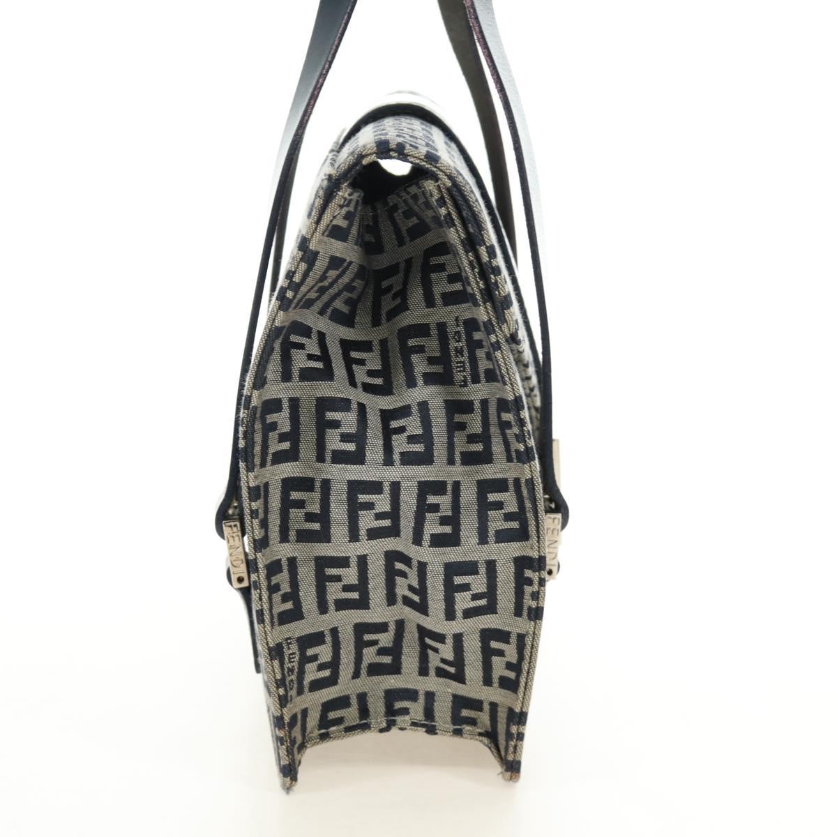 FENDI Zucchino Canvas Mamma Baguette Hand Bag Navy Silver Auth 189269V