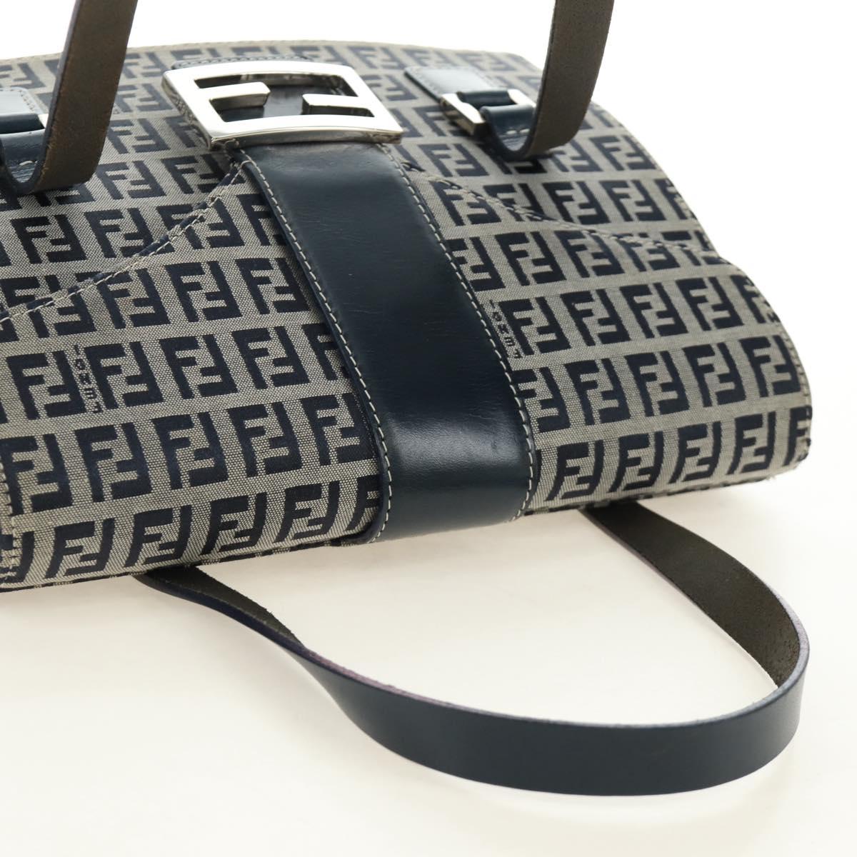 FENDI Zucchino Canvas Mamma Baguette Hand Bag Navy Silver Auth 189269V