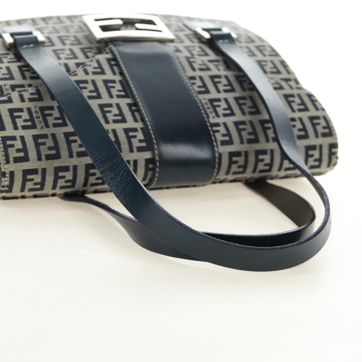 FENDI Zucchino Canvas Mamma Baguette Hand Bag Navy Silver Auth 189269V