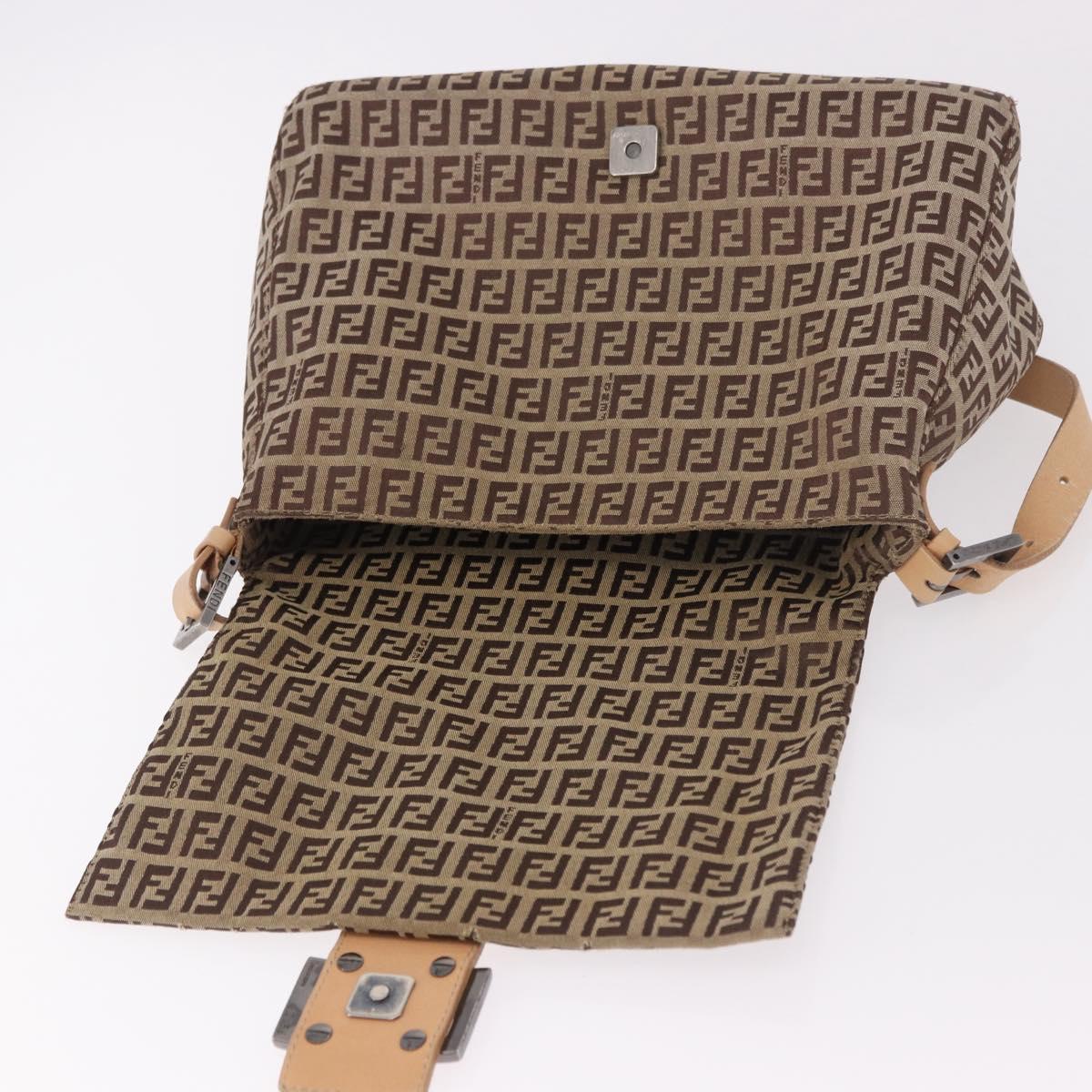 FENDI Zucchino Canvas Mamma Baguette Shoulder Bag Beige Silver Auth 189270A