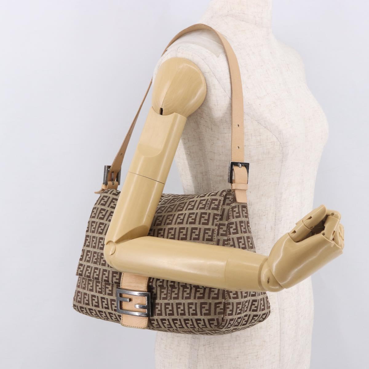 FENDI Zucchino Canvas Mamma Baguette Shoulder Bag Beige Silver Auth 189270A