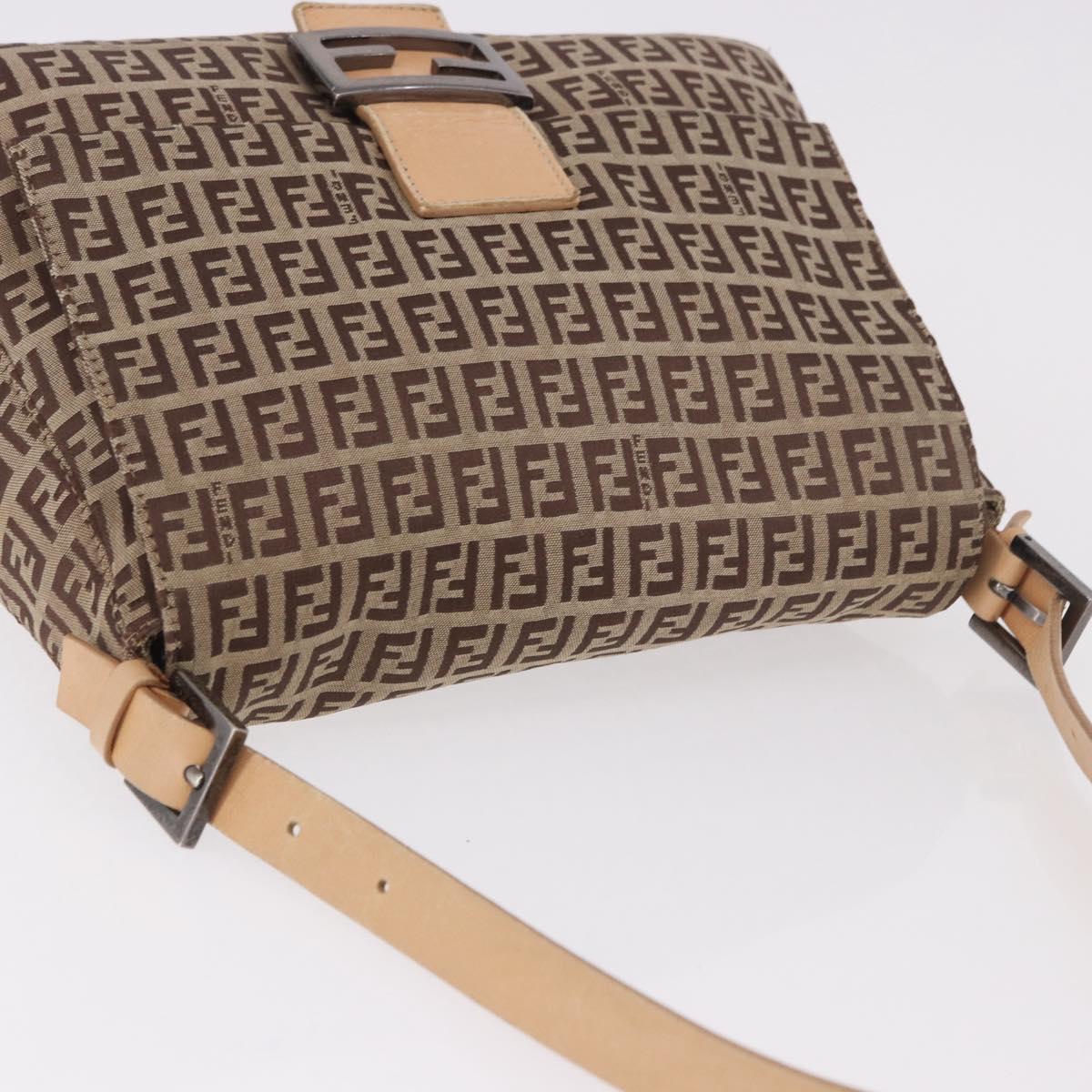 FENDI Zucchino Canvas Mamma Baguette Shoulder Bag Beige Silver Auth 189270A