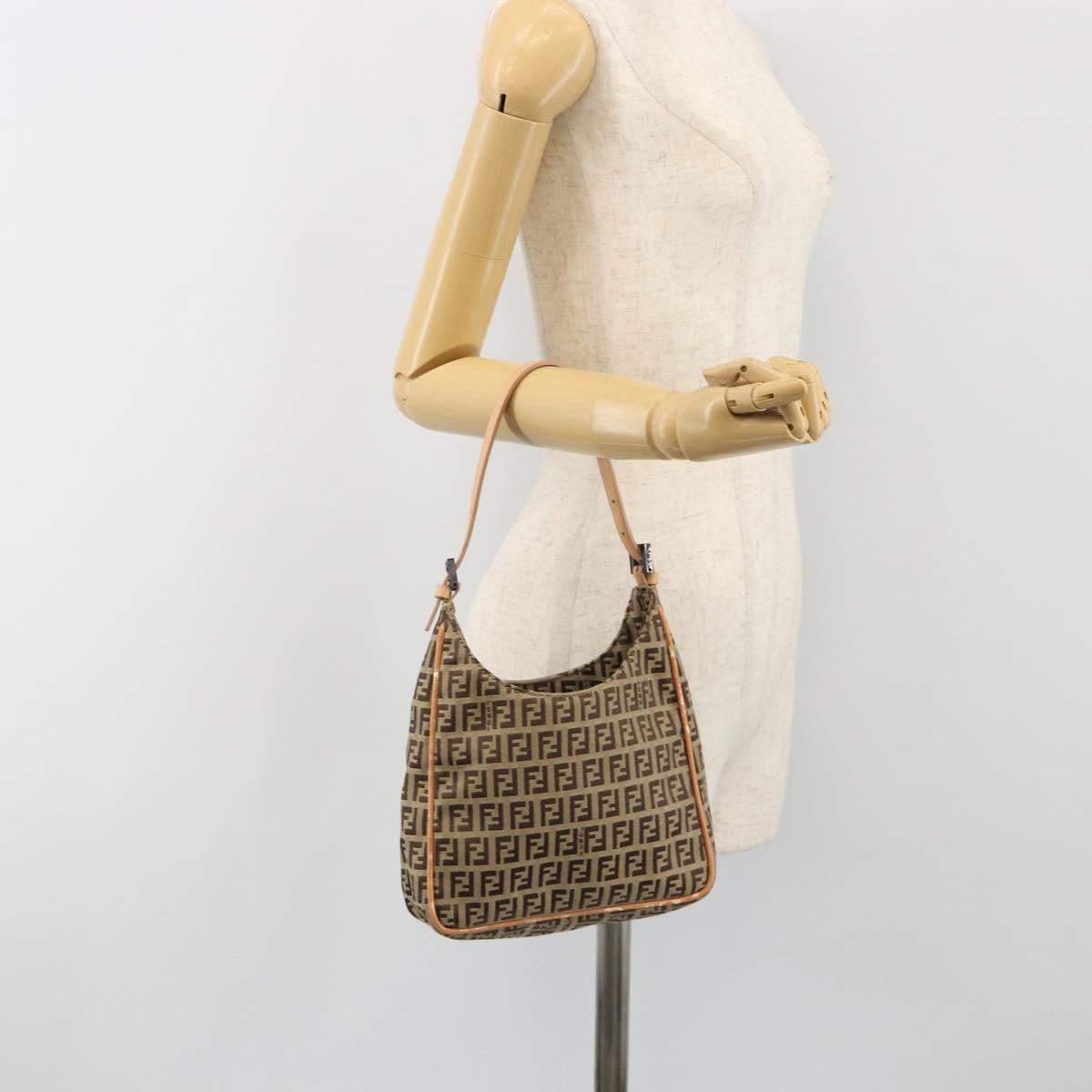 FENDI Zucchino Canvas Shoulder Bag Beige Auth 189271