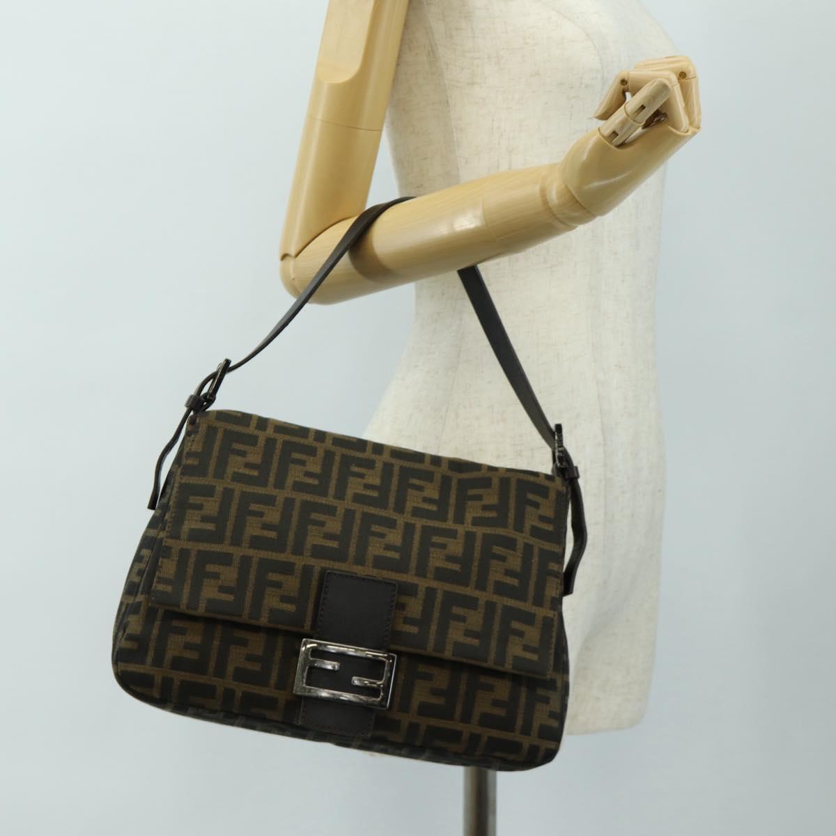 FENDI Zucca Canvas Mamma Baguette Shoulder Bag Black Brown Auth 189272V
