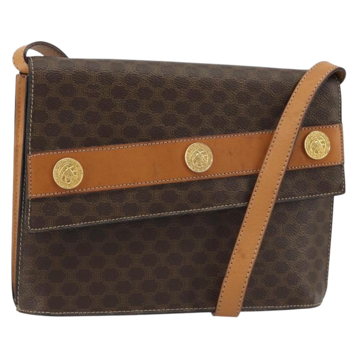 CELINE Macadam Canvas Medallion Shoulder Bag PVC Leather Brown Gold Auth 189300