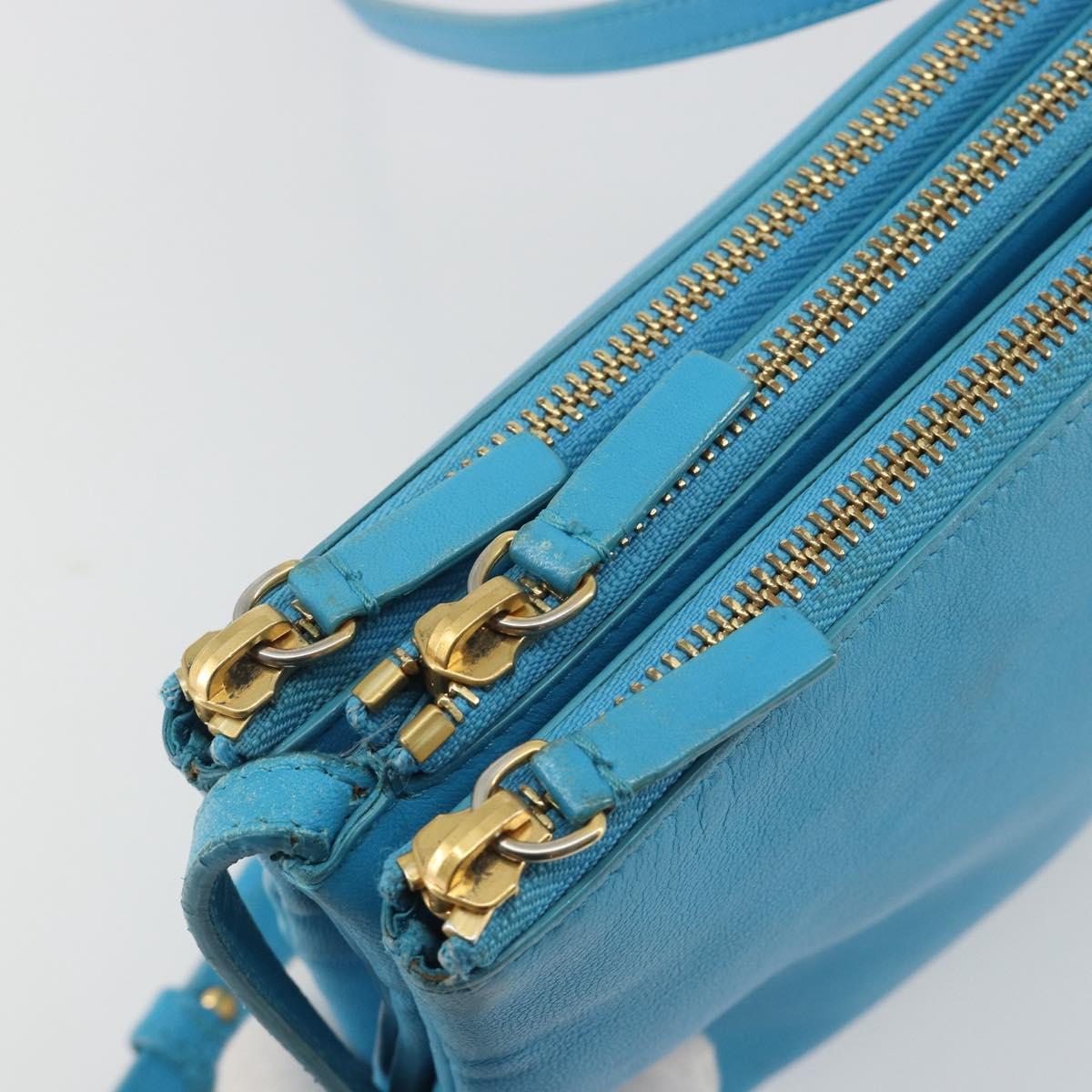 CELINE Trio Shoulder Bag Leather Light Blue Gold Auth 189302