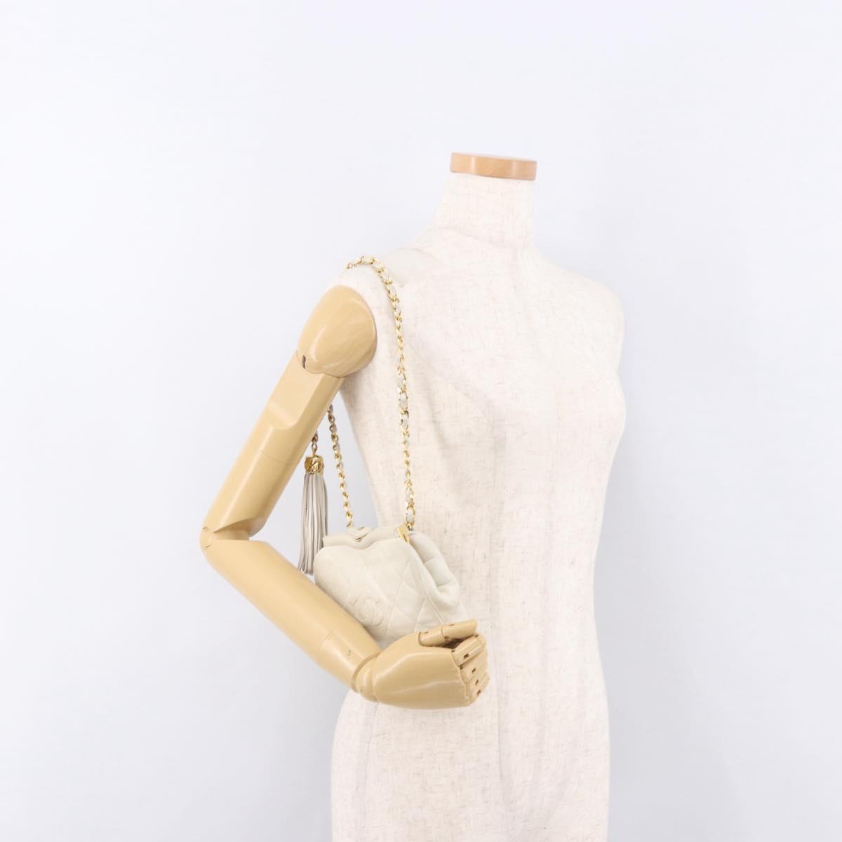 CHANEL Chain Belt Waist Bag Lamb Skin White Gold CC Auth 189310A