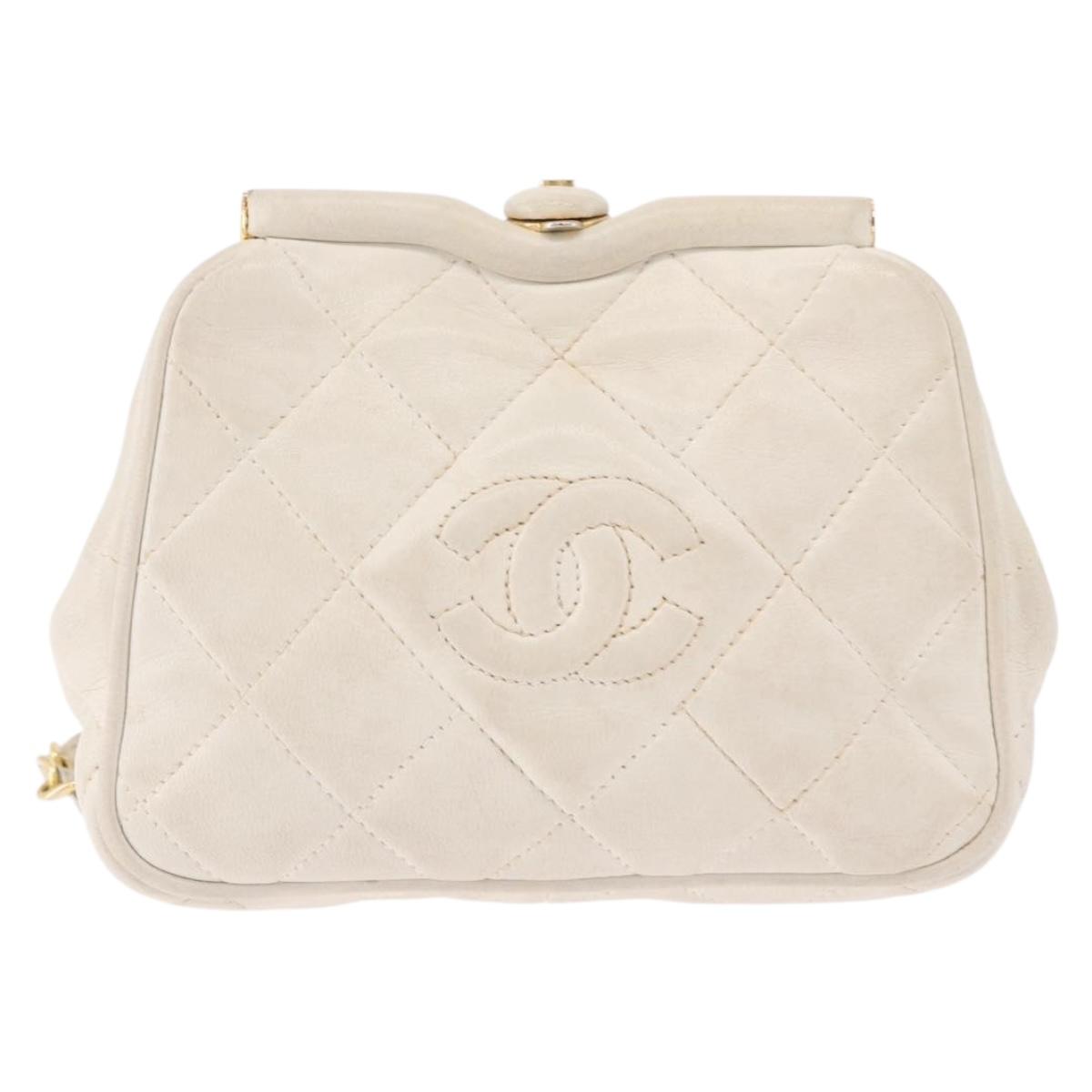 CHANEL Chain Belt Waist Bag Lamb Skin White Gold CC Auth 189310A