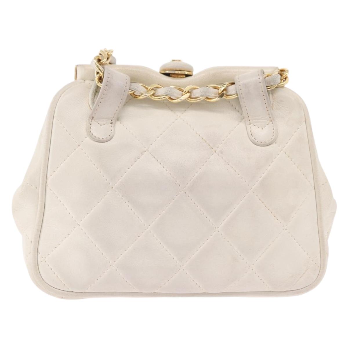 CHANEL Chain Belt Waist Bag Lamb Skin White Gold CC Auth 189310A